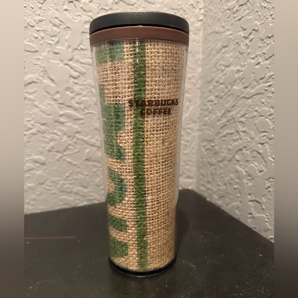 2010 Starbucks burlap coffee bean bag travel tumbler